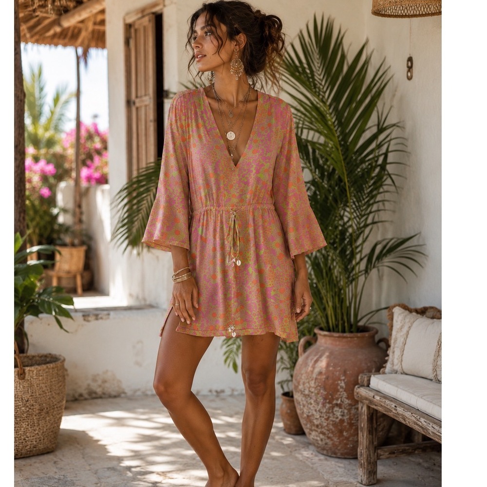 Maaji Pink Green Floral V-Neck Bell Sleeve Mini Dress Cowrie Shell Waist Medium